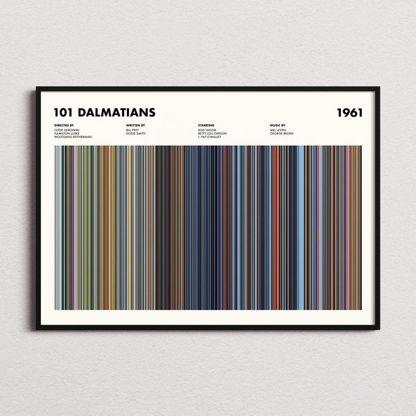 101 Dalmatians Movie Barcode Poster framed and photographed straight on