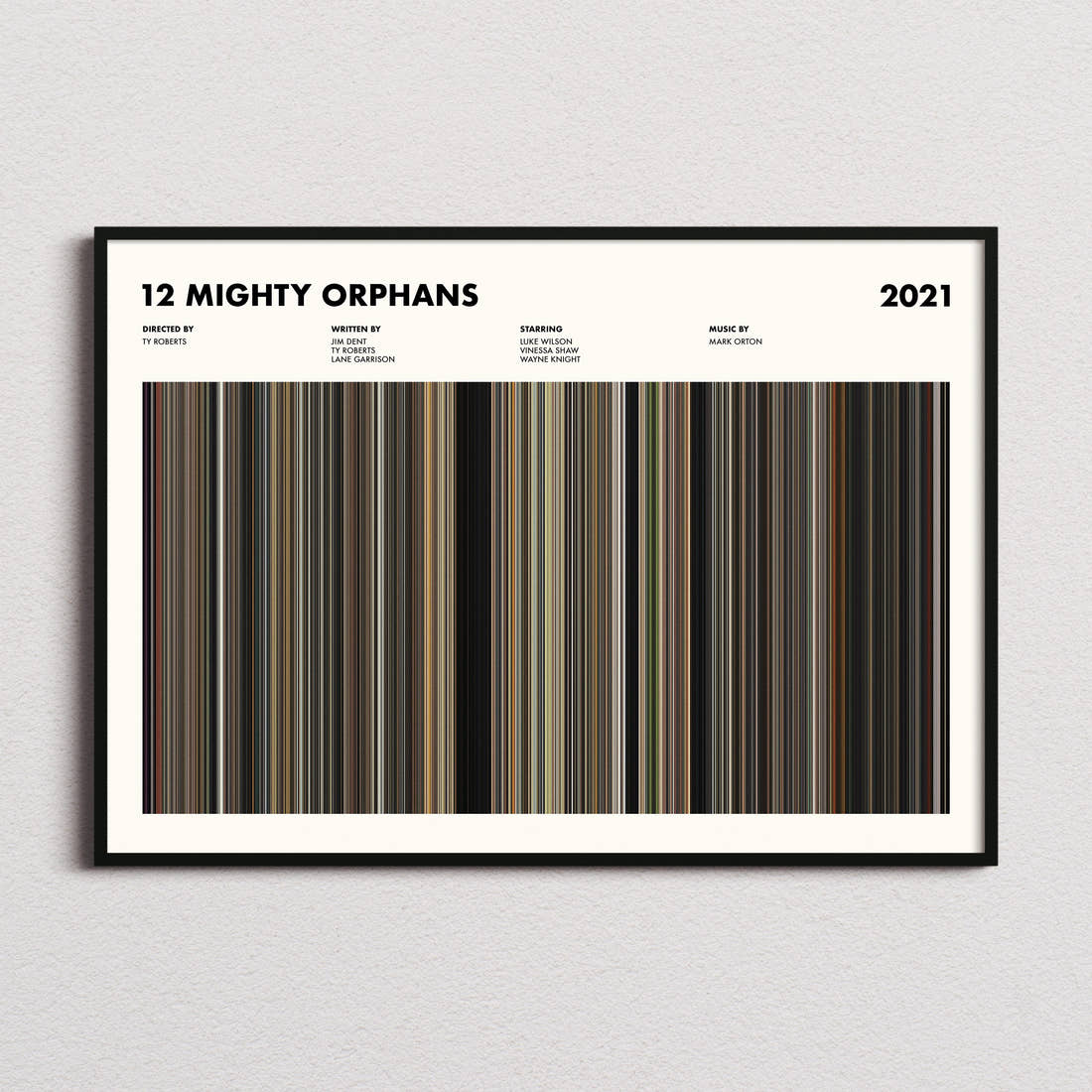 12 Mighty Orphans Movie Barcode Poster framed and photographed straight on