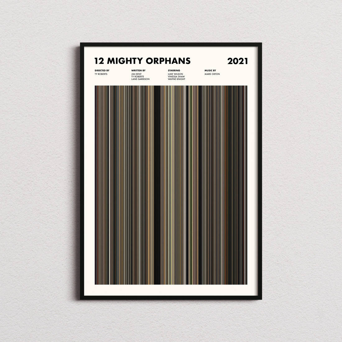 12 Mighty Orphans Movie Barcode Poster framed on a plain studio wall