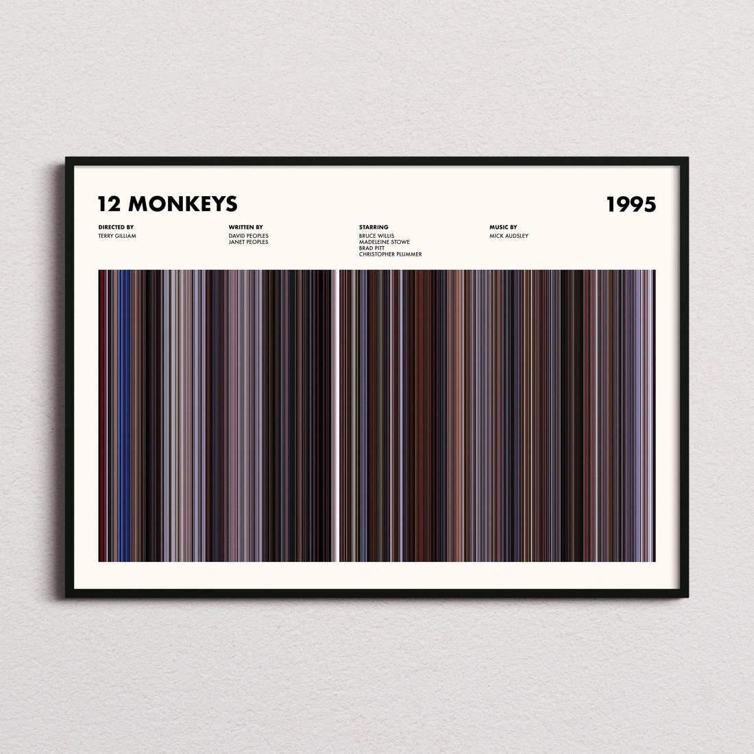 12 Monkeys Movie Barcode Poster framed and photographed straight on