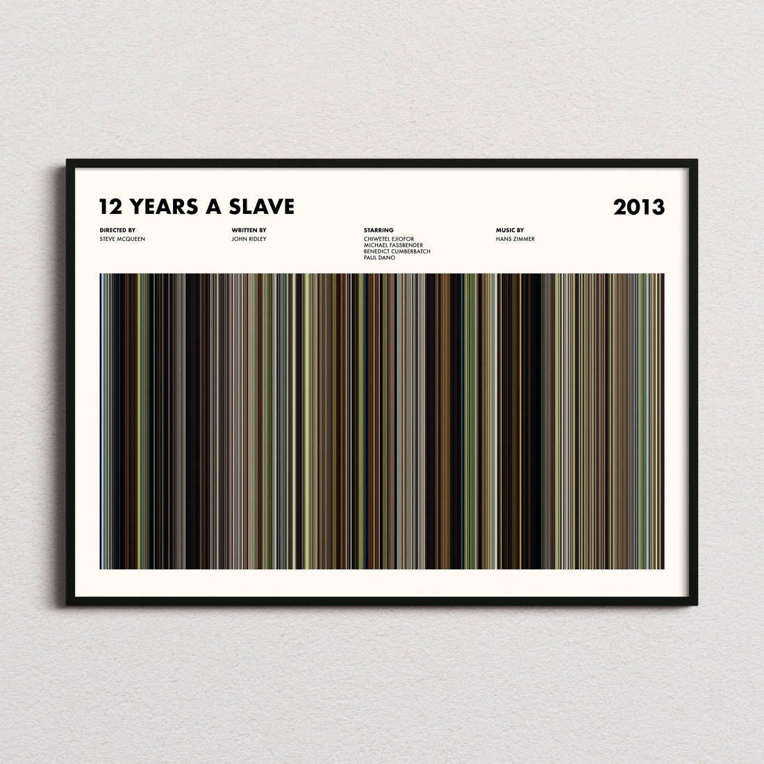 12 Years a Slave Movie Barcode Poster framed and photographed straight on