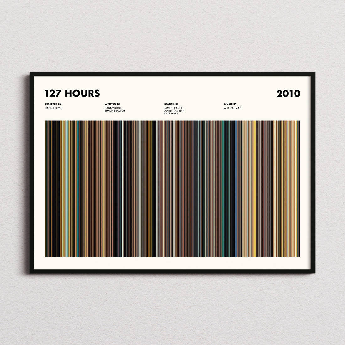 127 Hours Movie Barcode Poster framed and photographed straight on