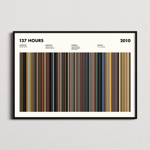 127 Hours Movie Barcode Poster framed and photographed straight on