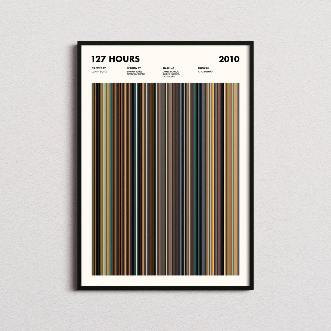 127 Hours Movie Barcode Poster framed on a plain studio wall