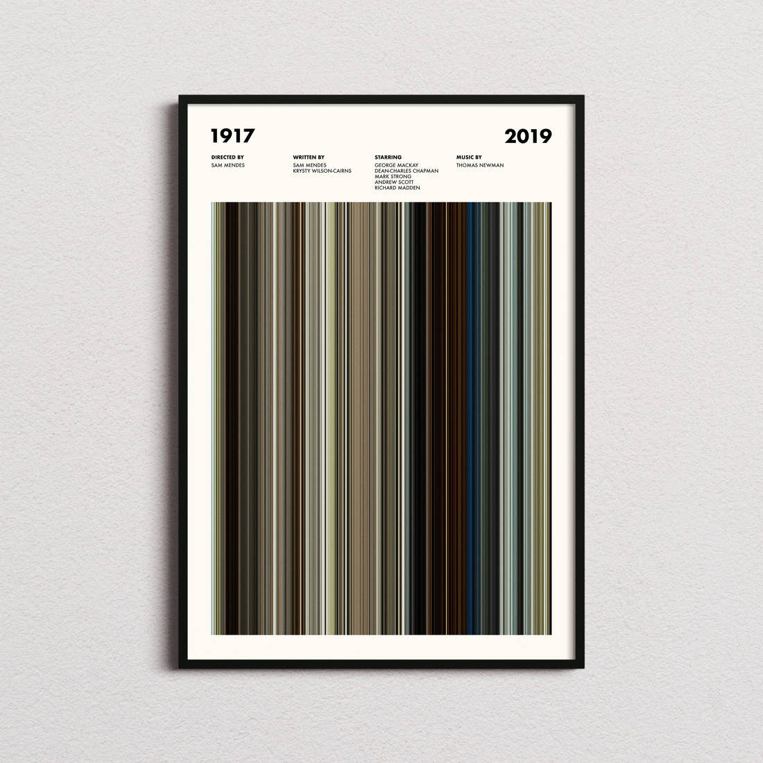 1917 Movie Barcode Poster framed on a plain studio wall