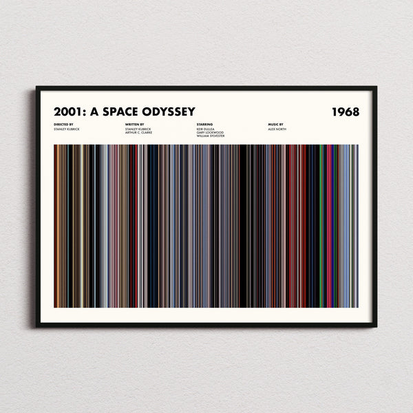 2001: A Space Odyssey Movie Barcode Poster framed and photographed straight on
