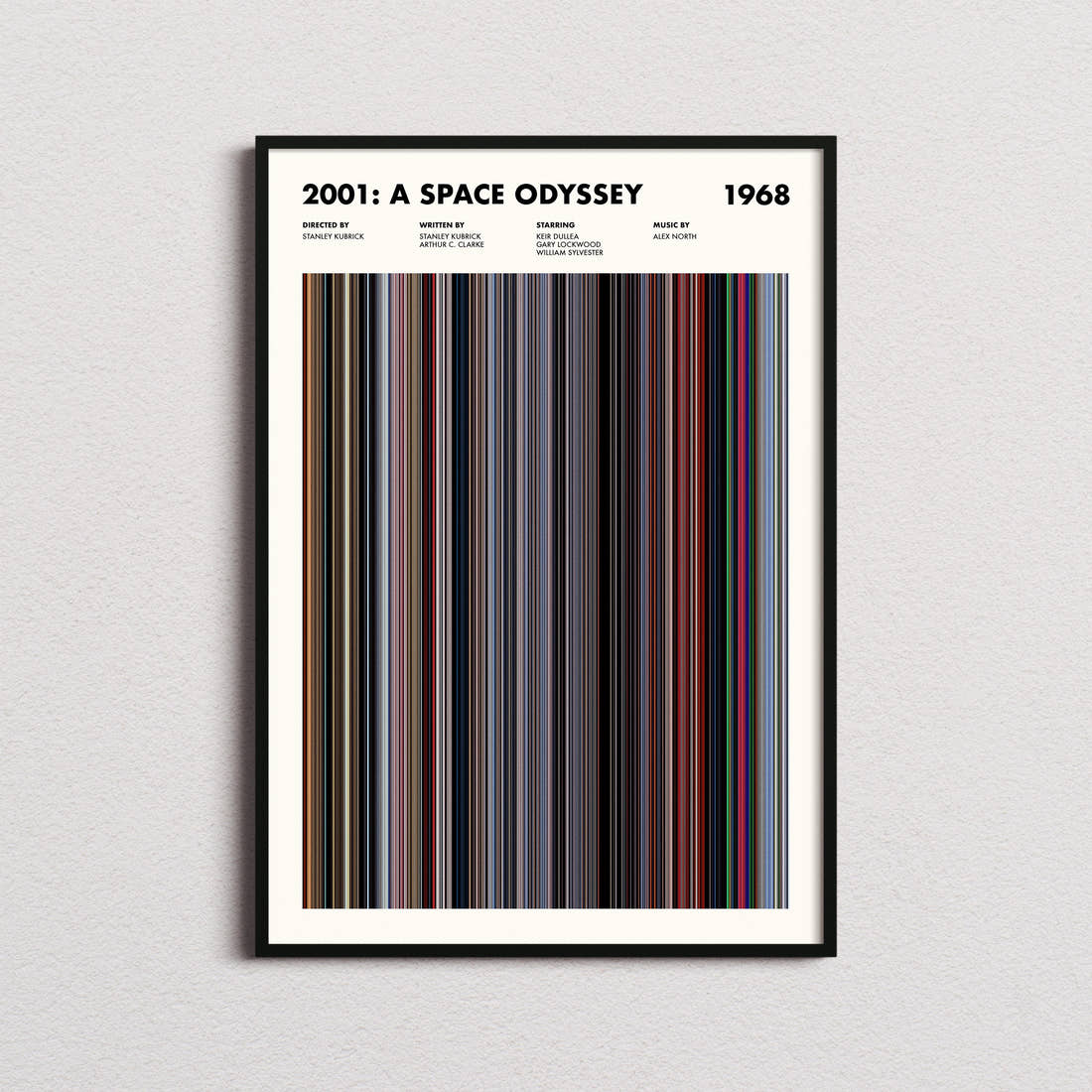 2001: A Space Odyssey Movie Barcode Poster framed on a plain studio wall
