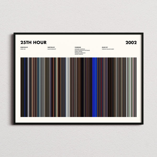 25th Hour Movie Barcode Poster framed and photographed straight on
