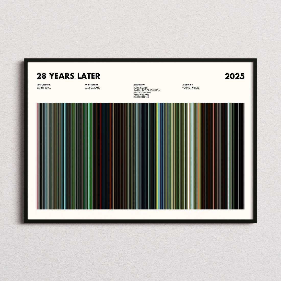 28 Years Later Movie Barcode Poster framed and photographed straight on