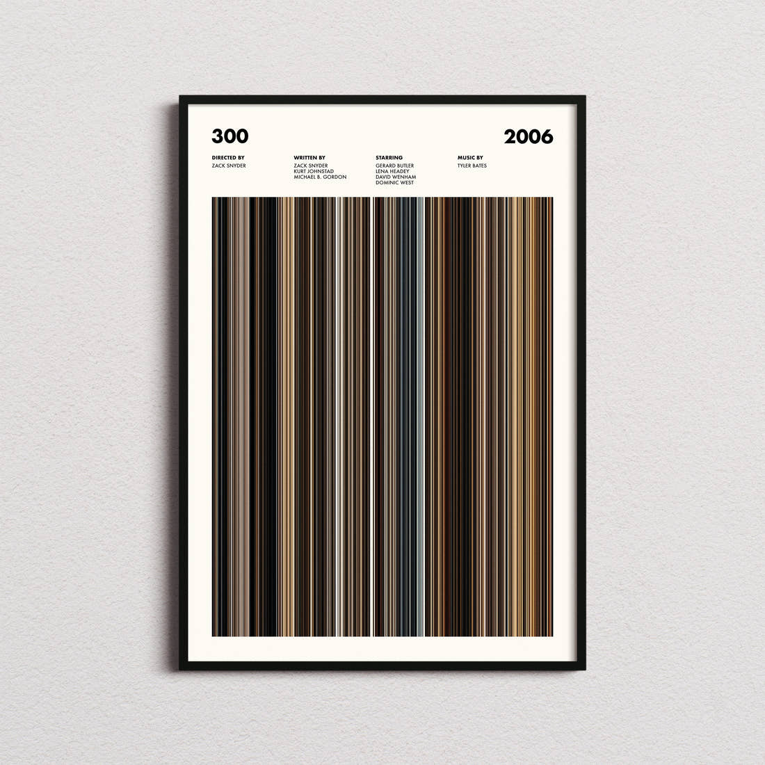 300 Movie Barcode Poster framed on a plain studio wall