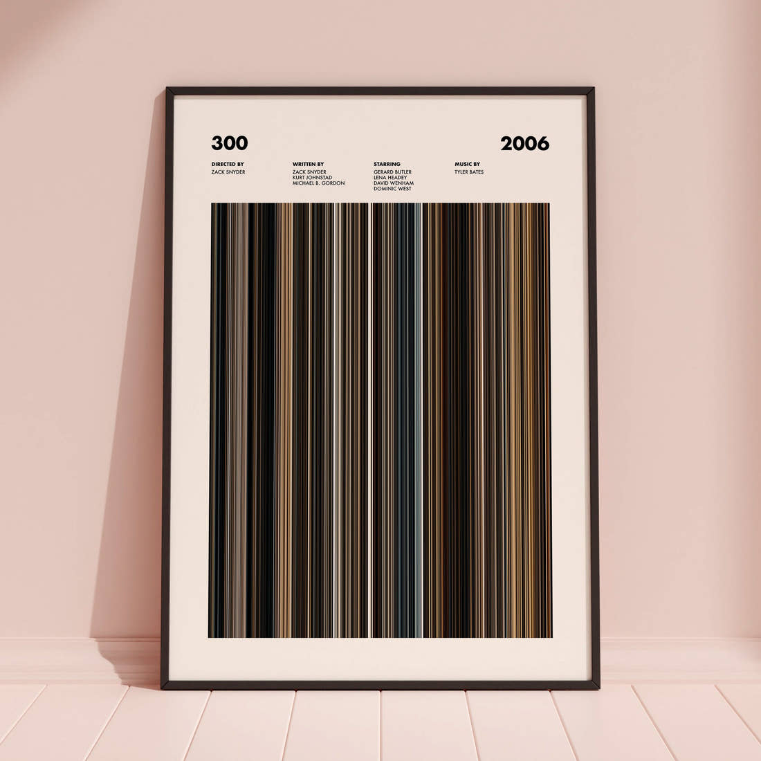 300 Movie Barcode Poster framed and leaning against a coloured wall