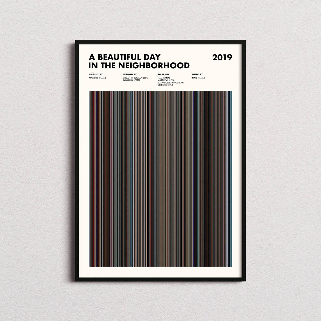 A Beautiful Day in the Neighborhood Movie Barcode Poster framed on a plain studio wall