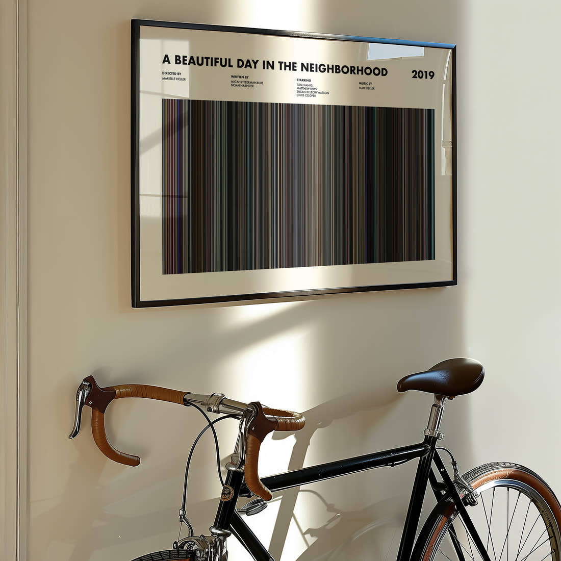 A Beautiful Day in the Neighborhood Movie Barcode Poster framed on the wall of a styled room setting