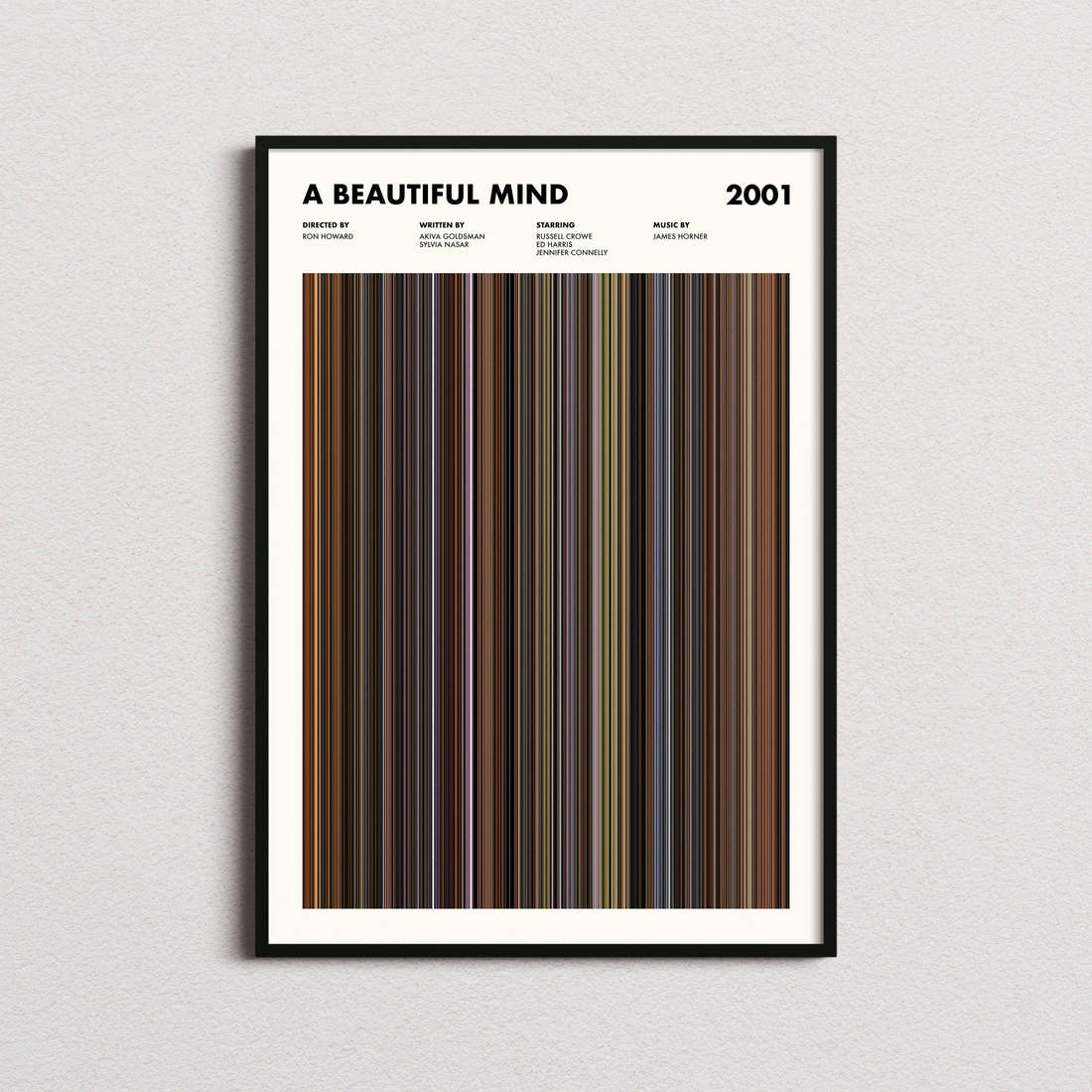 A Beautiful Mind Movie Barcode Poster framed on a plain studio wall