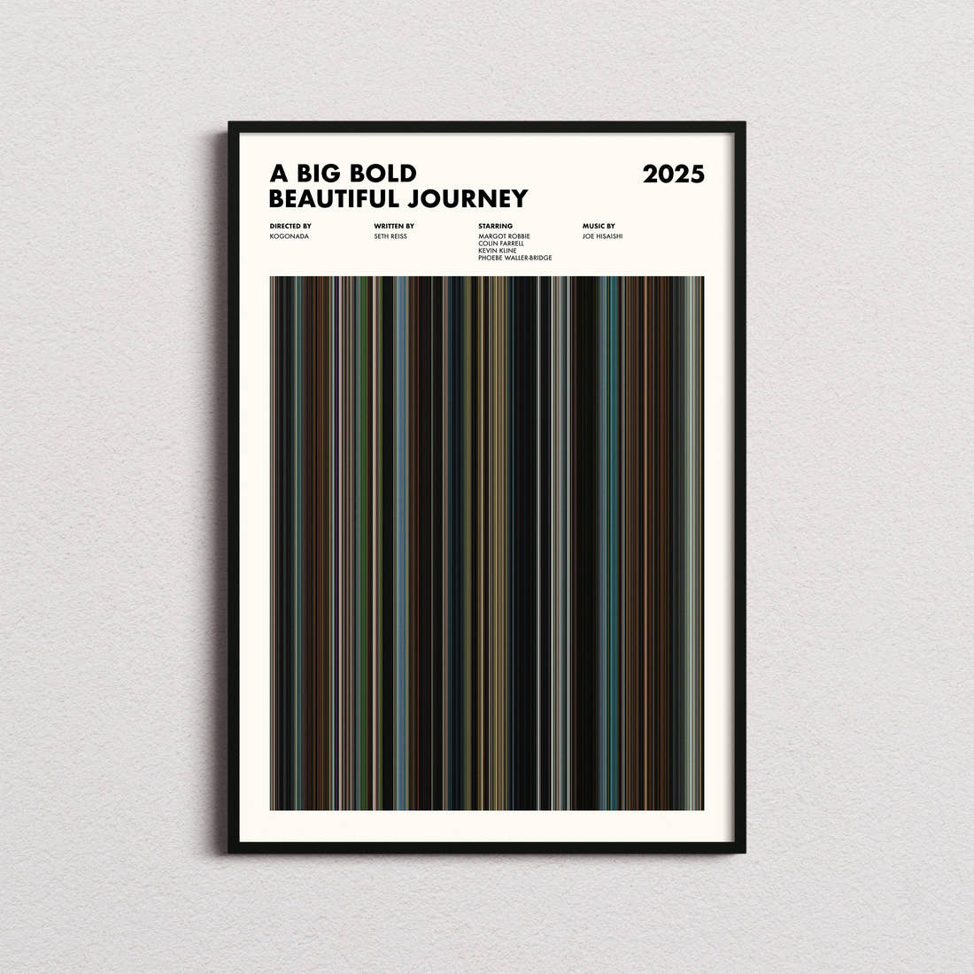 A Big Bold Beautiful Journey Movie Barcode Poster framed on a plain studio wall