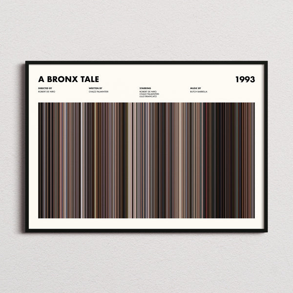 A Bronx Tale Movie Barcode Poster framed and photographed straight on