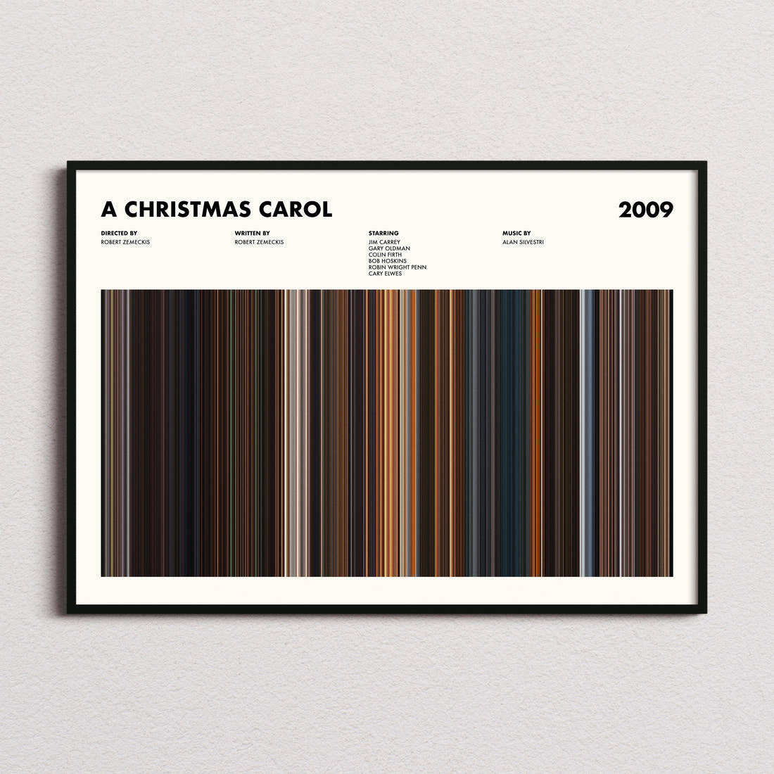 A Christmas Carol Movie Barcode Poster framed and photographed straight on