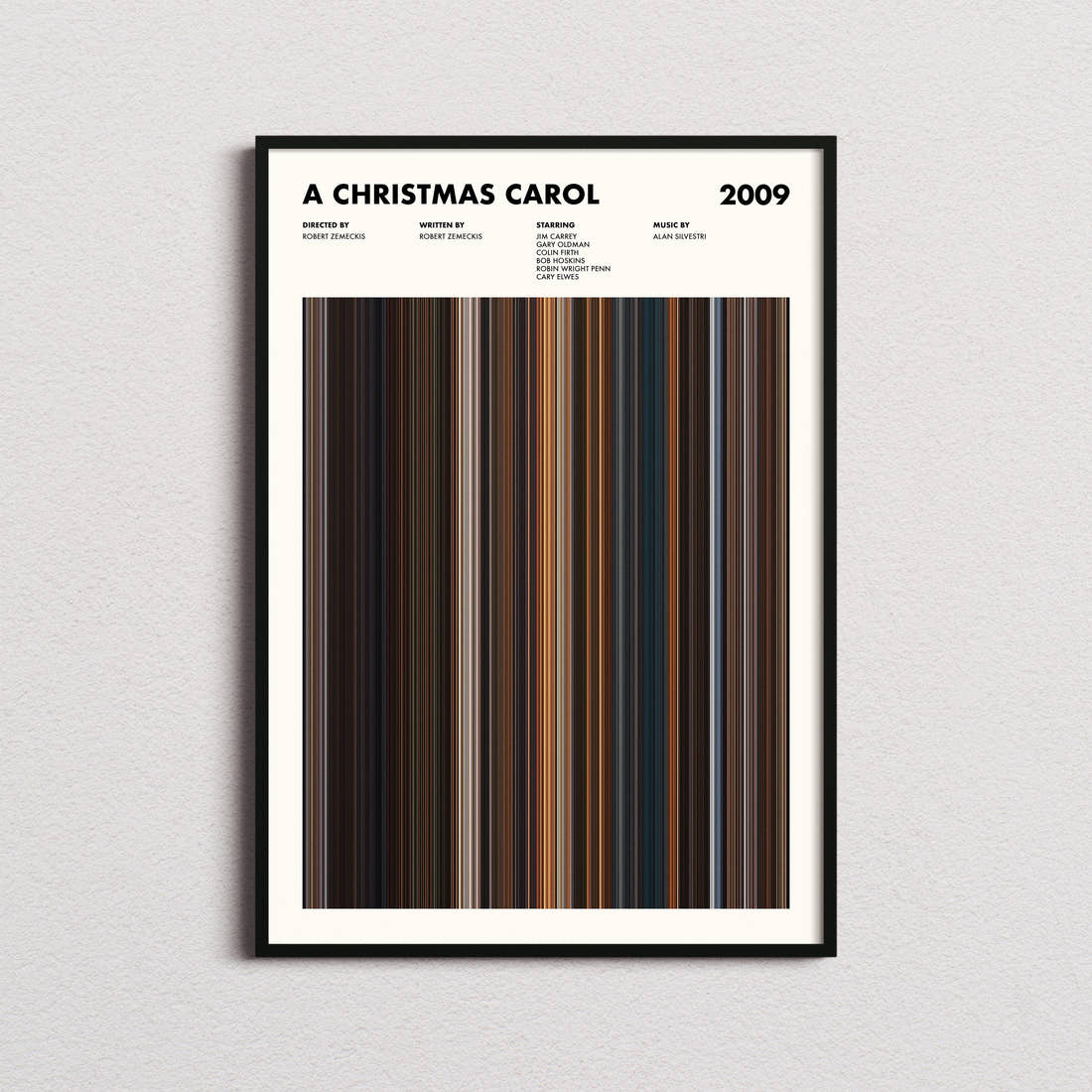 A Christmas Carol Movie Barcode Poster framed on a plain studio wall