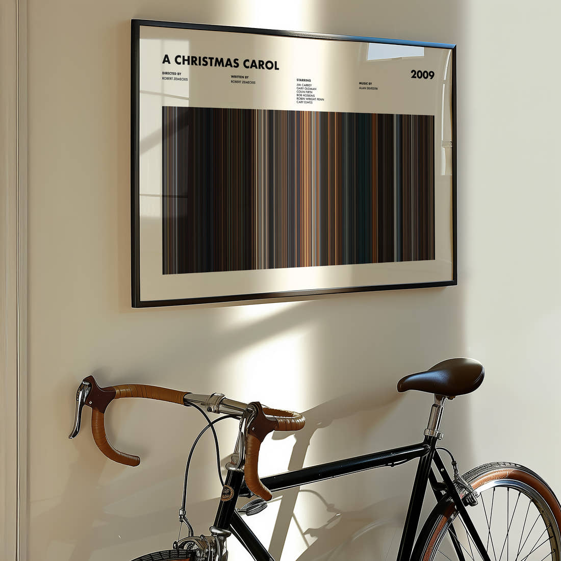 A Christmas Carol Movie Barcode Poster framed on the wall of a styled room setting