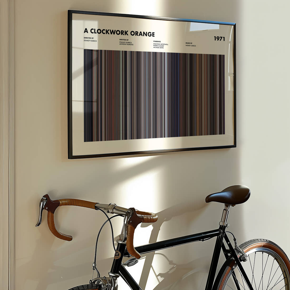 A Clockwork Orange Movie Barcode Poster framed on the wall of a styled room setting