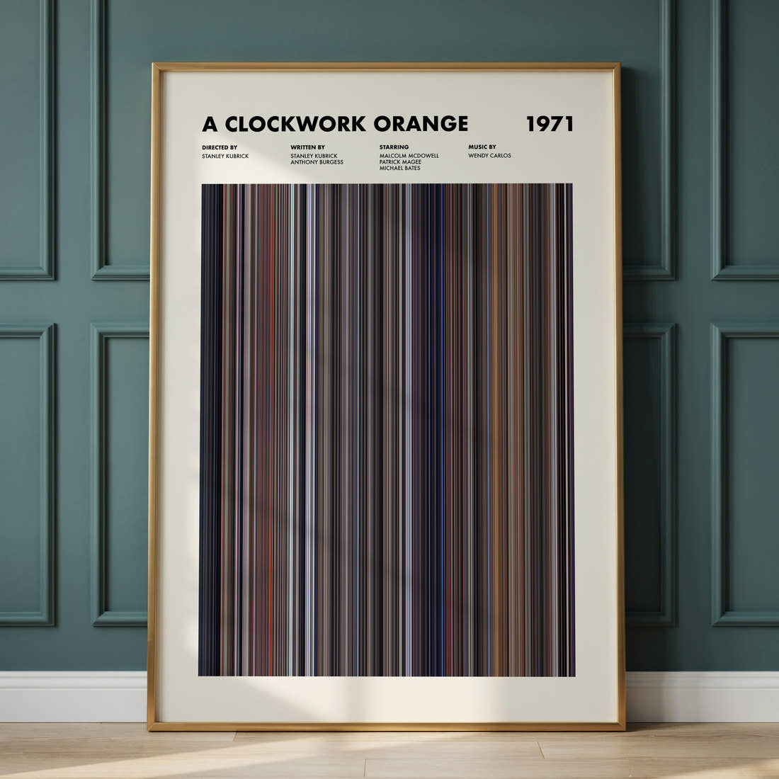 A Clockwork Orange Movie Barcode Poster framed and leaning against a panelled wall
