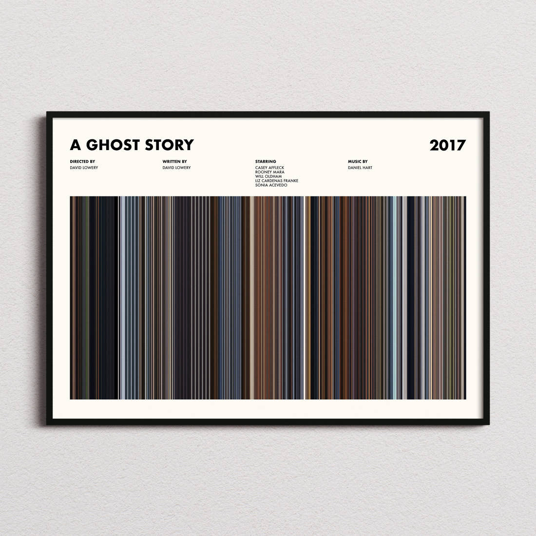 A Ghost Story Movie Barcode Poster framed and photographed straight on