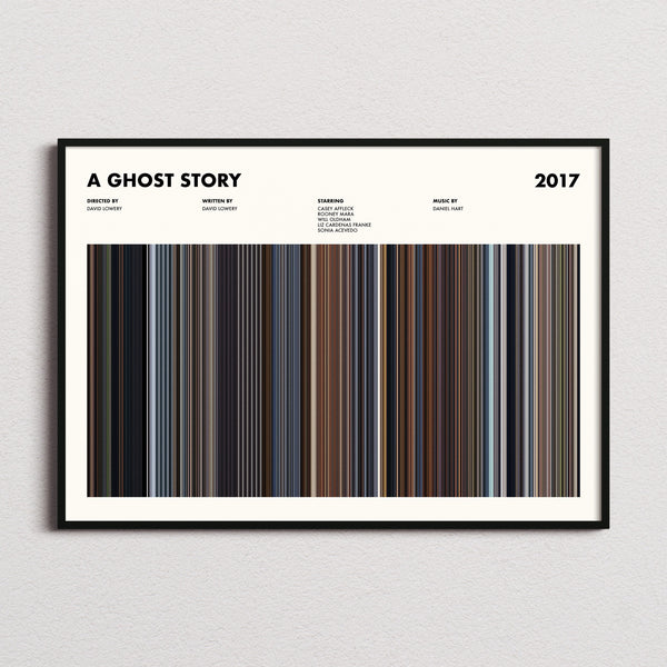 A Ghost Story Movie Barcode Poster framed and photographed straight on