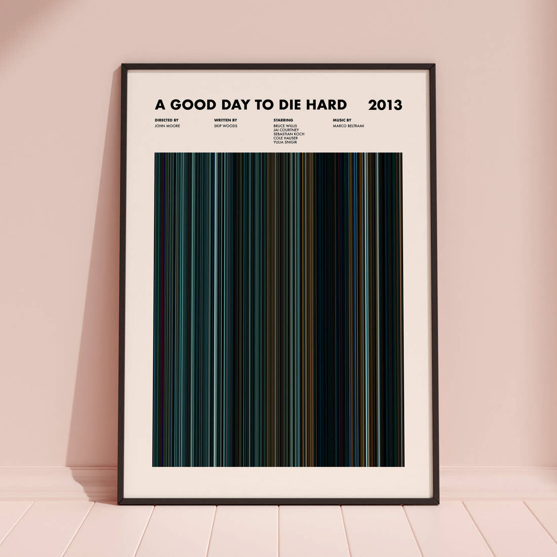A Good Day to Die Hard Movie Barcode Poster framed and leaning against a coloured wall