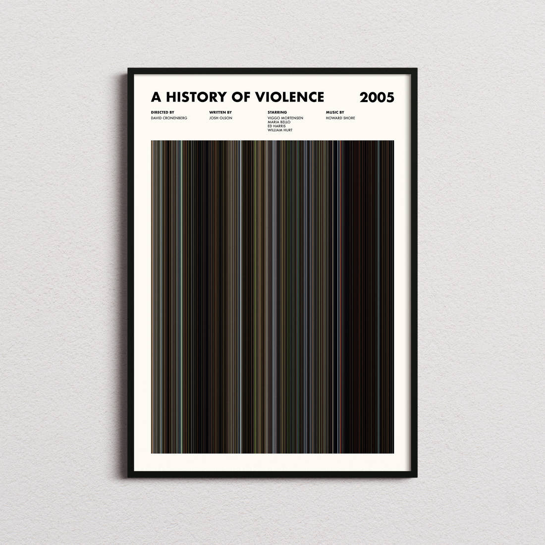 A History of Violence Movie Barcode Poster framed on a plain studio wall