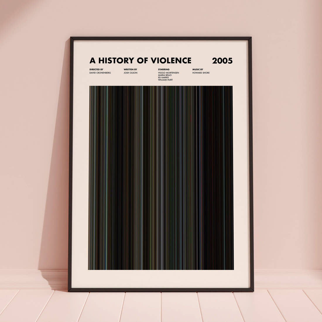 A History of Violence Movie Barcode Poster framed and leaning against a coloured wall