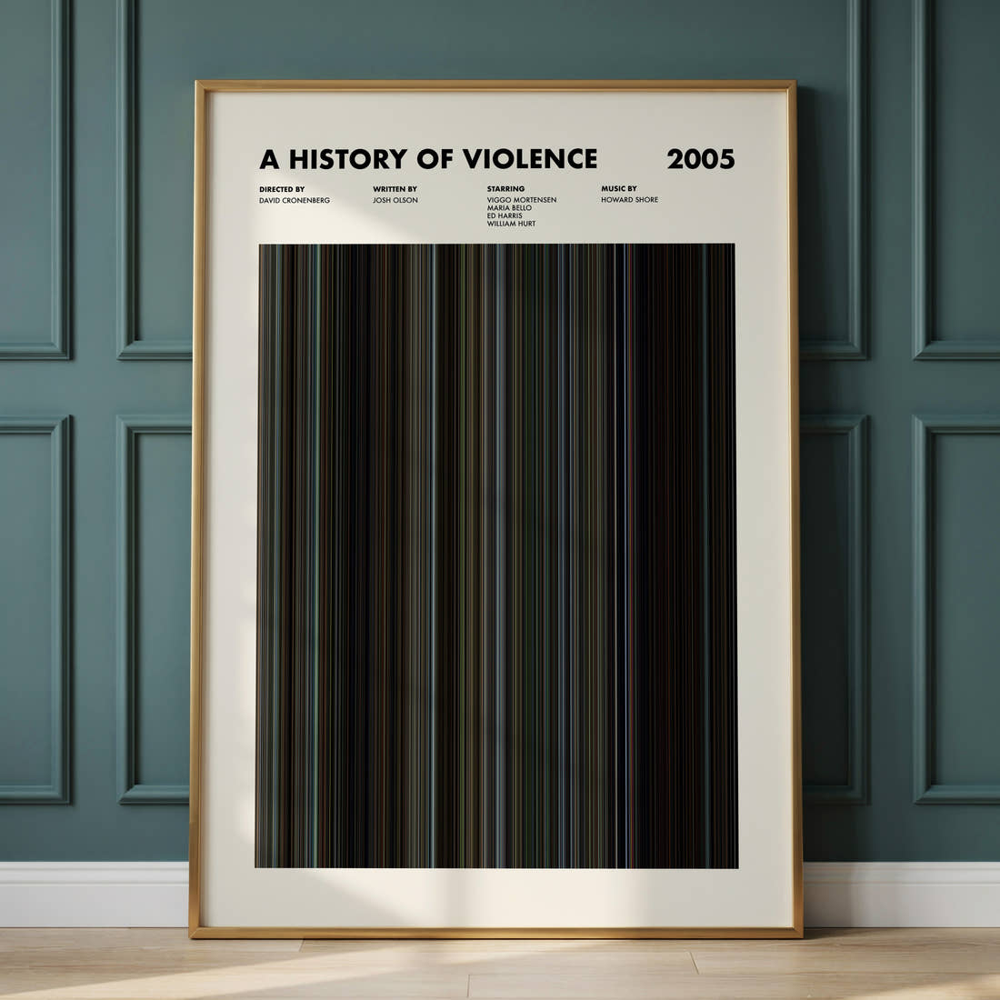 A History of Violence Movie Barcode Poster framed and leaning against a panelled wall