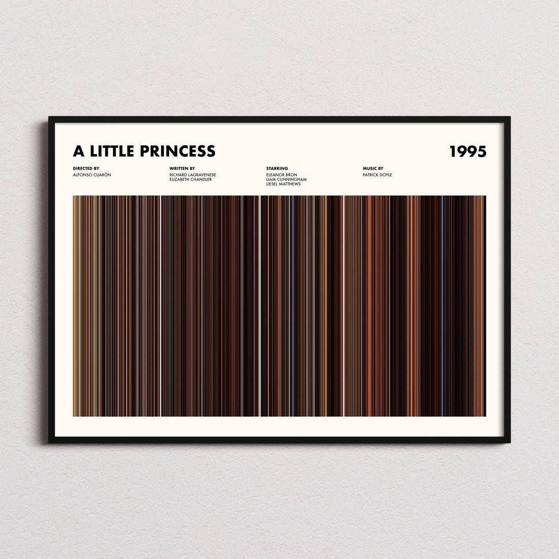 A Little Princess Movie Barcode Poster framed and photographed straight on