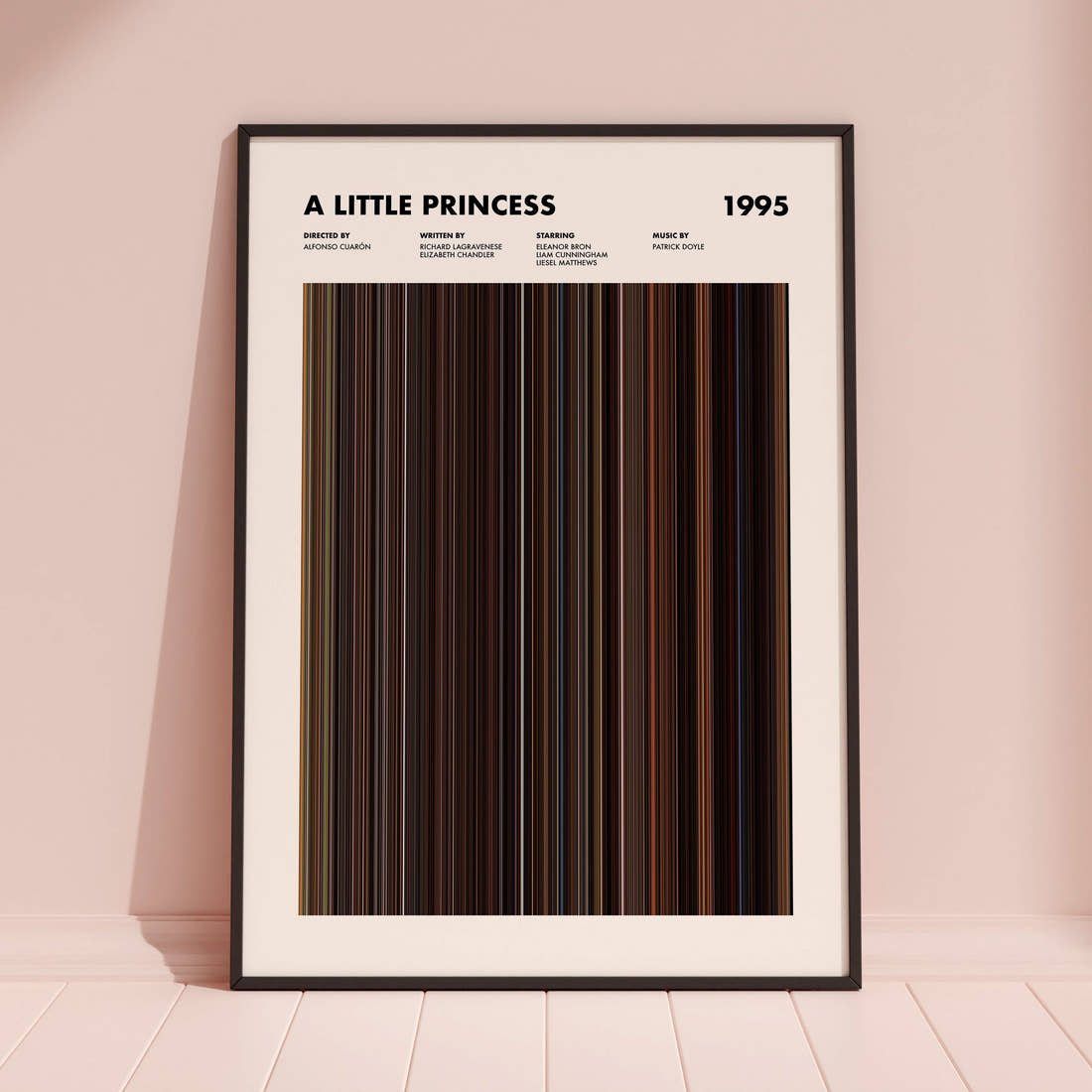 A Little Princess Movie Barcode Poster framed and leaning against a coloured wall