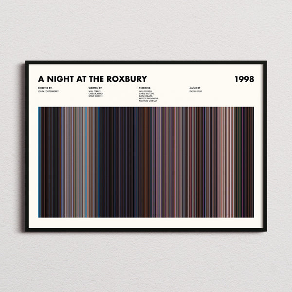 A Night at the Roxbury Movie Barcode Poster framed and photographed straight on