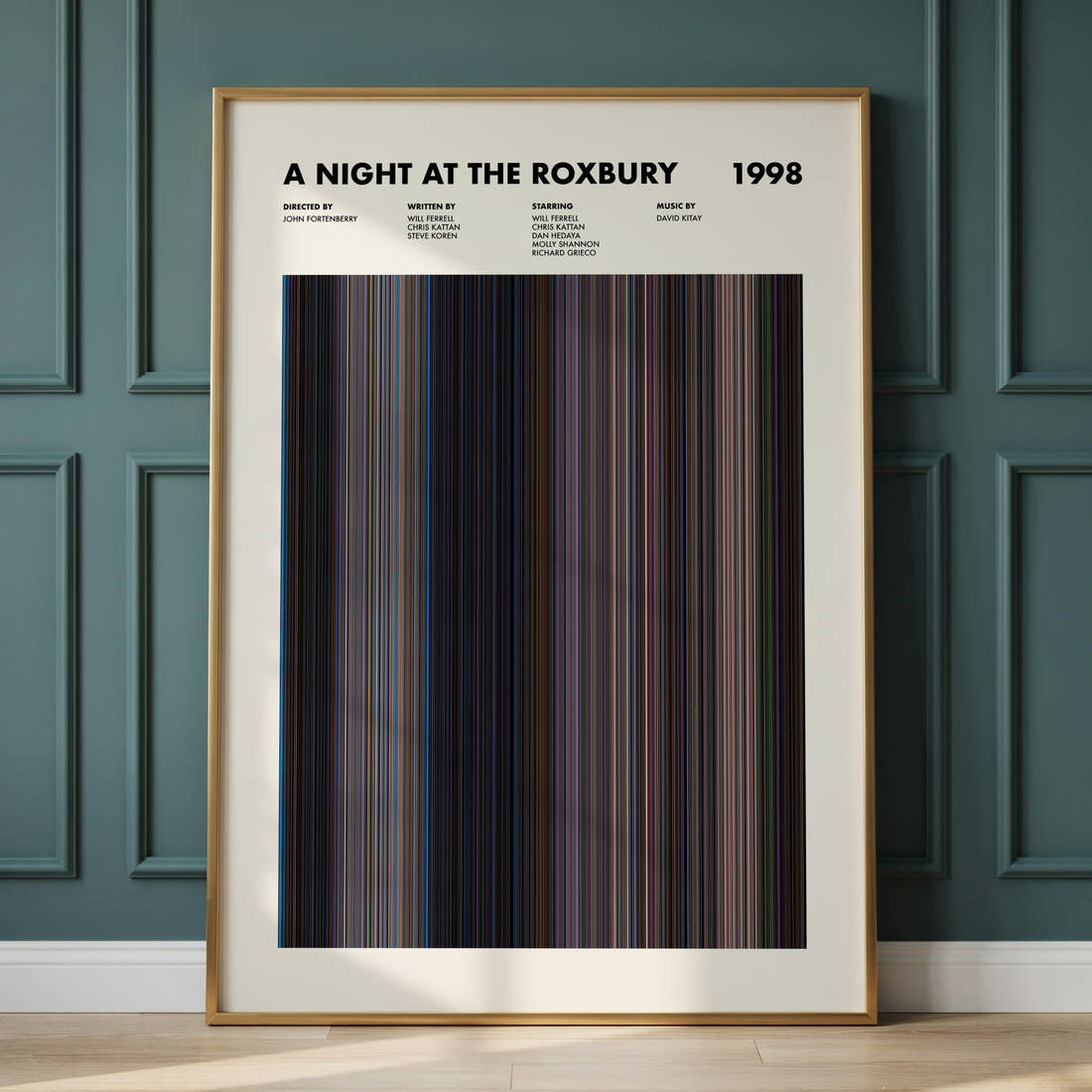 A Night at the Roxbury Movie Barcode Poster framed and leaning against a panelled wall