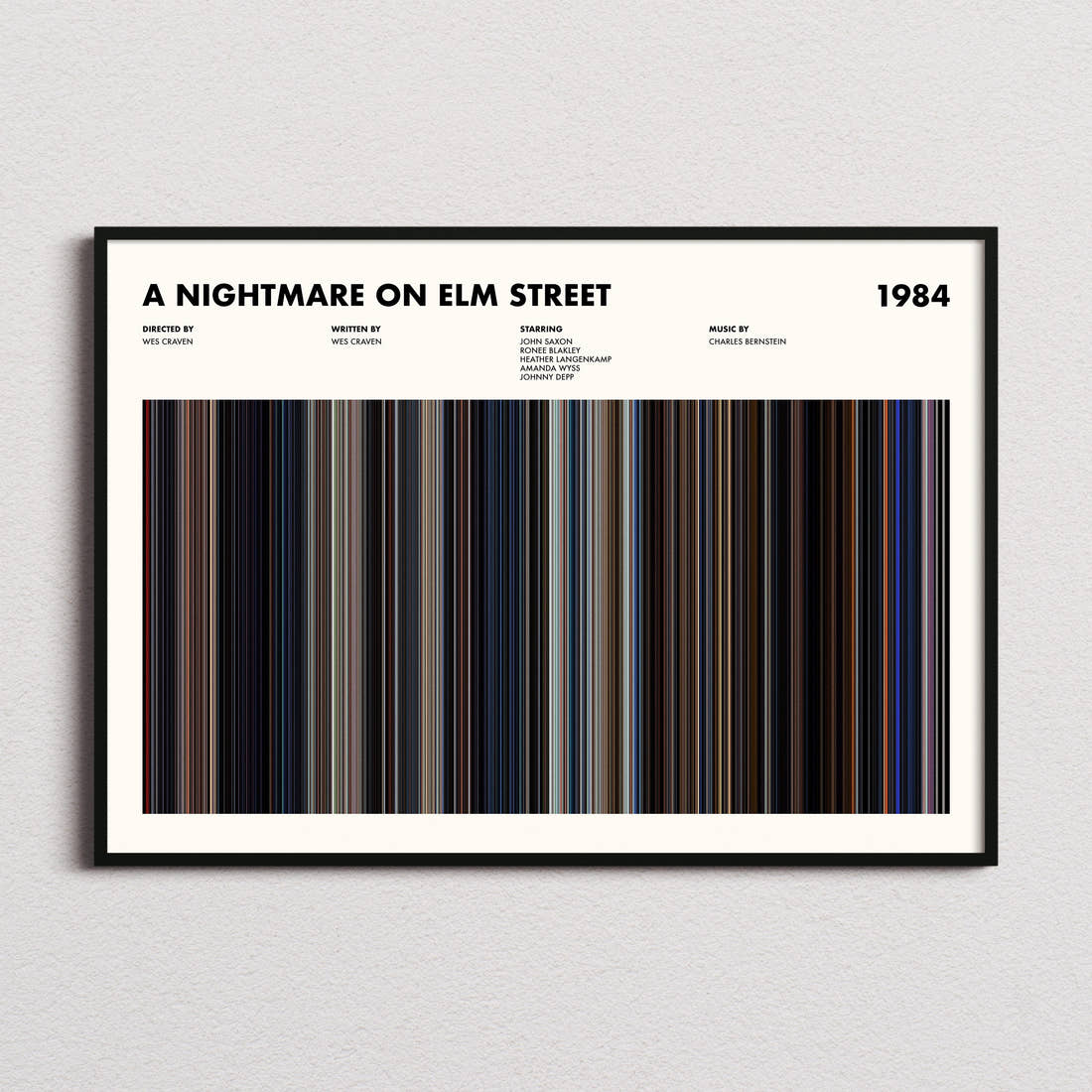 A Nightmare on Elm Street Movie Barcode Poster framed and photographed straight on