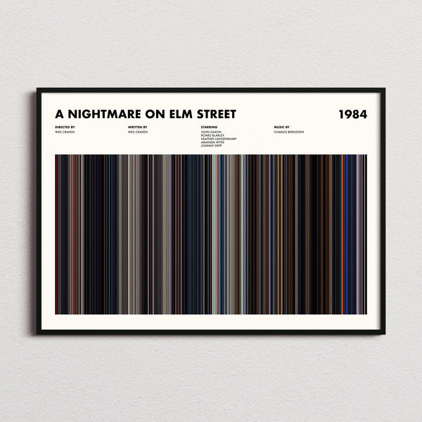 A Nightmare on Elm Street Movie Barcode Poster framed and photographed straight on