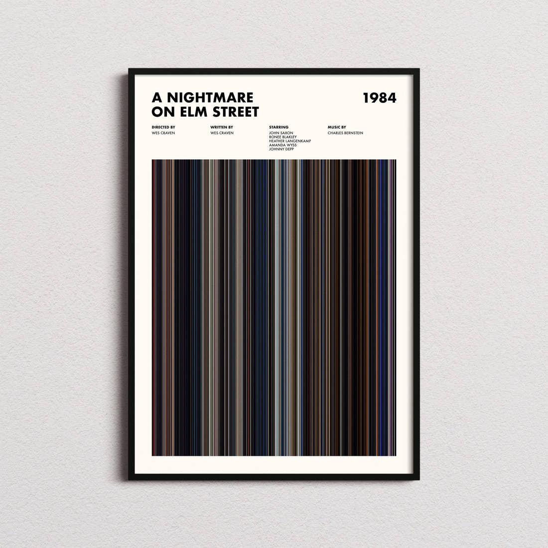 A Nightmare on Elm Street Movie Barcode Poster framed on a plain studio wall