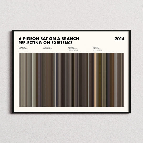 A Pigeon Sat on a Branch Reflecting on Existence Movie Barcode Poster framed and photographed straight on