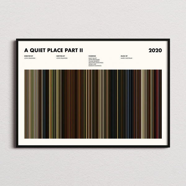 A Quiet Place Part II Movie Barcode Poster framed and photographed straight on
