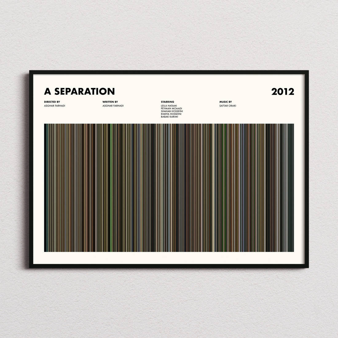 A Separation Movie Barcode Poster framed and photographed straight on