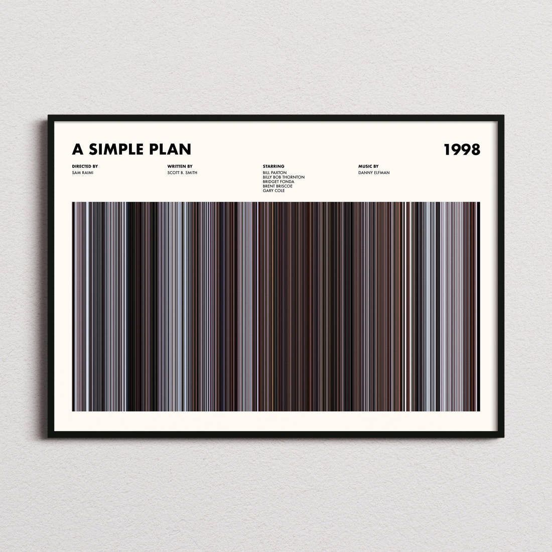 A Simple Plan Movie Barcode Poster framed and photographed straight on