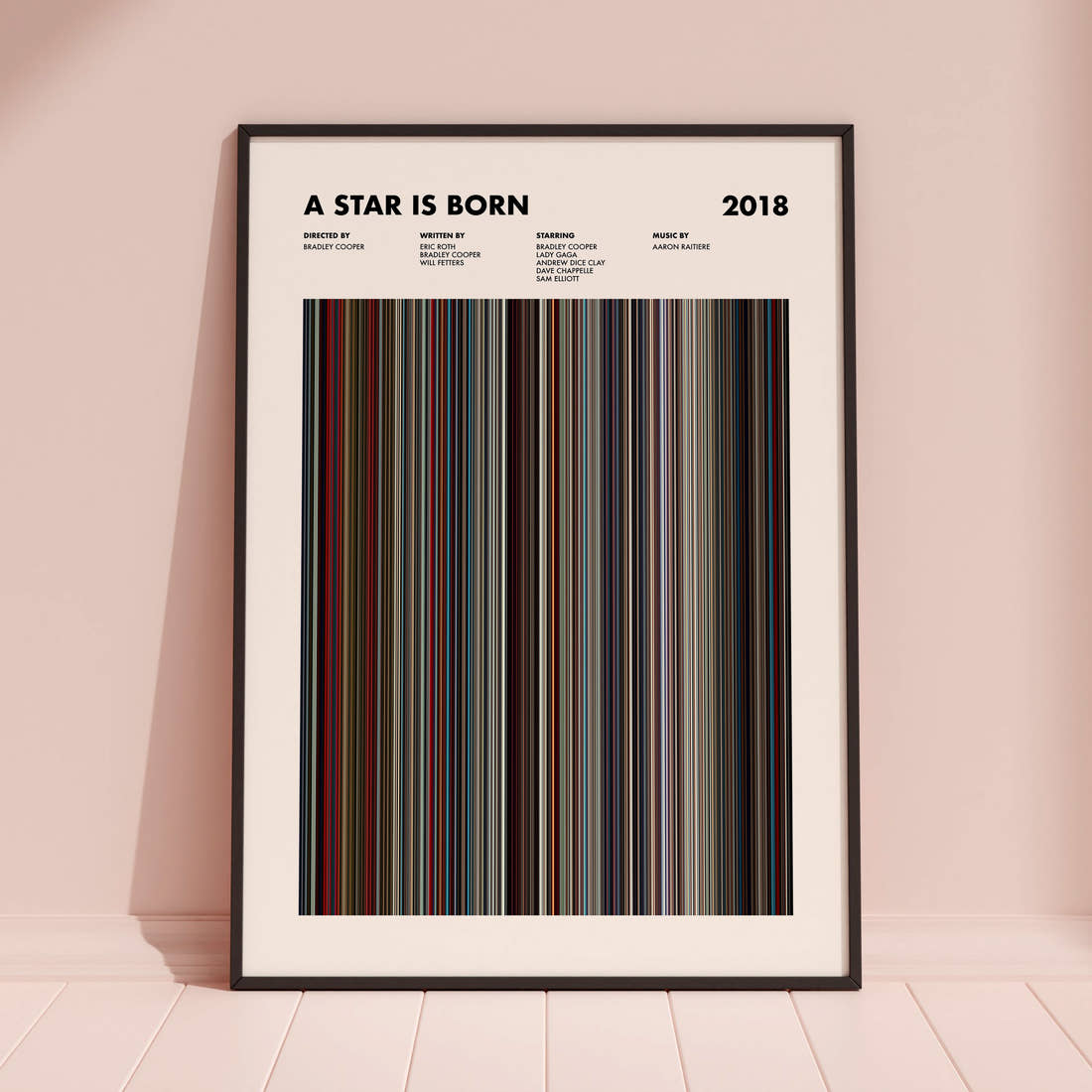 A Star Is Born Movie Barcode Poster framed and leaning against a coloured wall