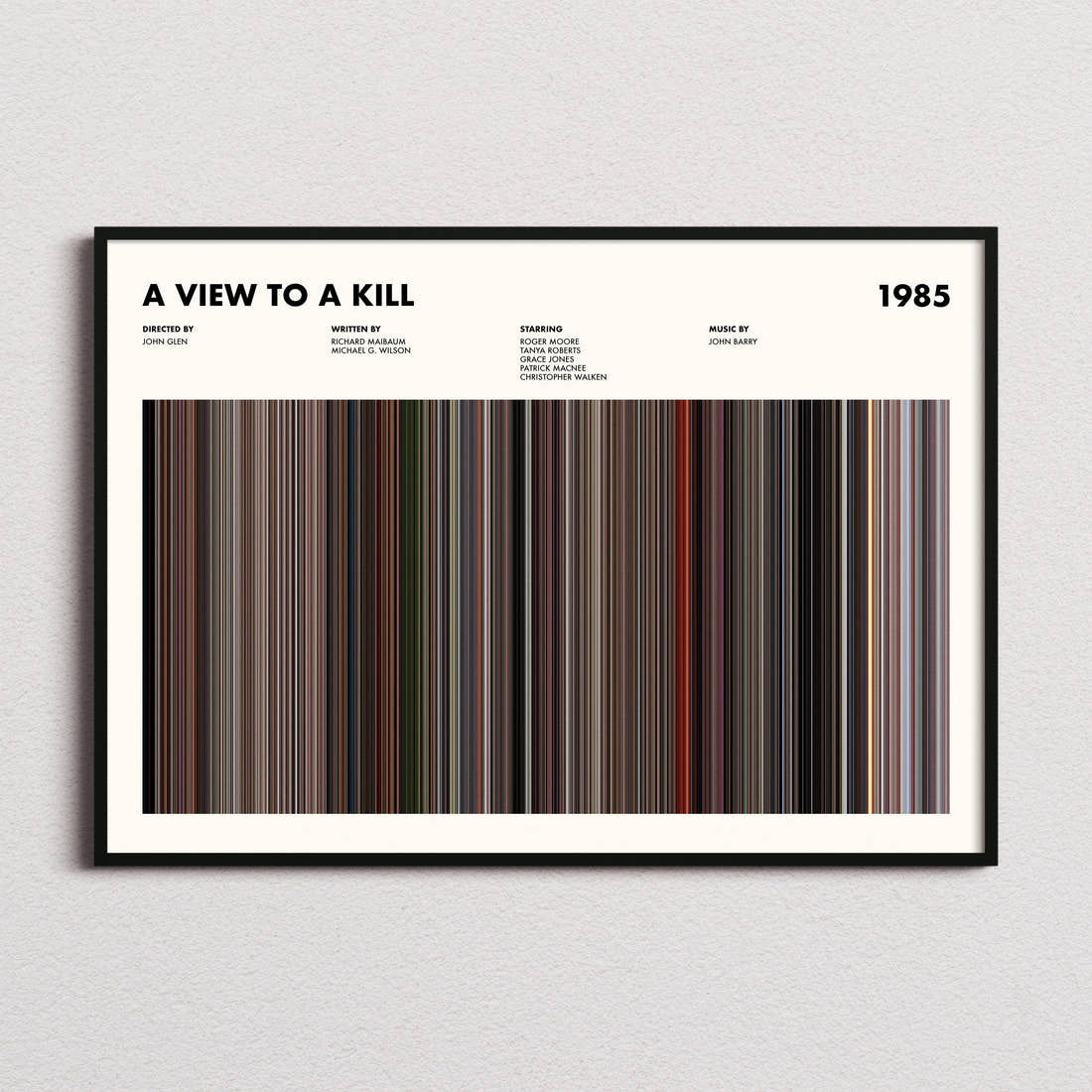 A View to a Kill Movie Barcode Poster framed and photographed straight on