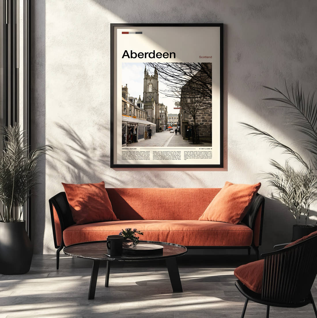 Aberdeen Belmont Street Travel Print framed on the wall of a modern living room