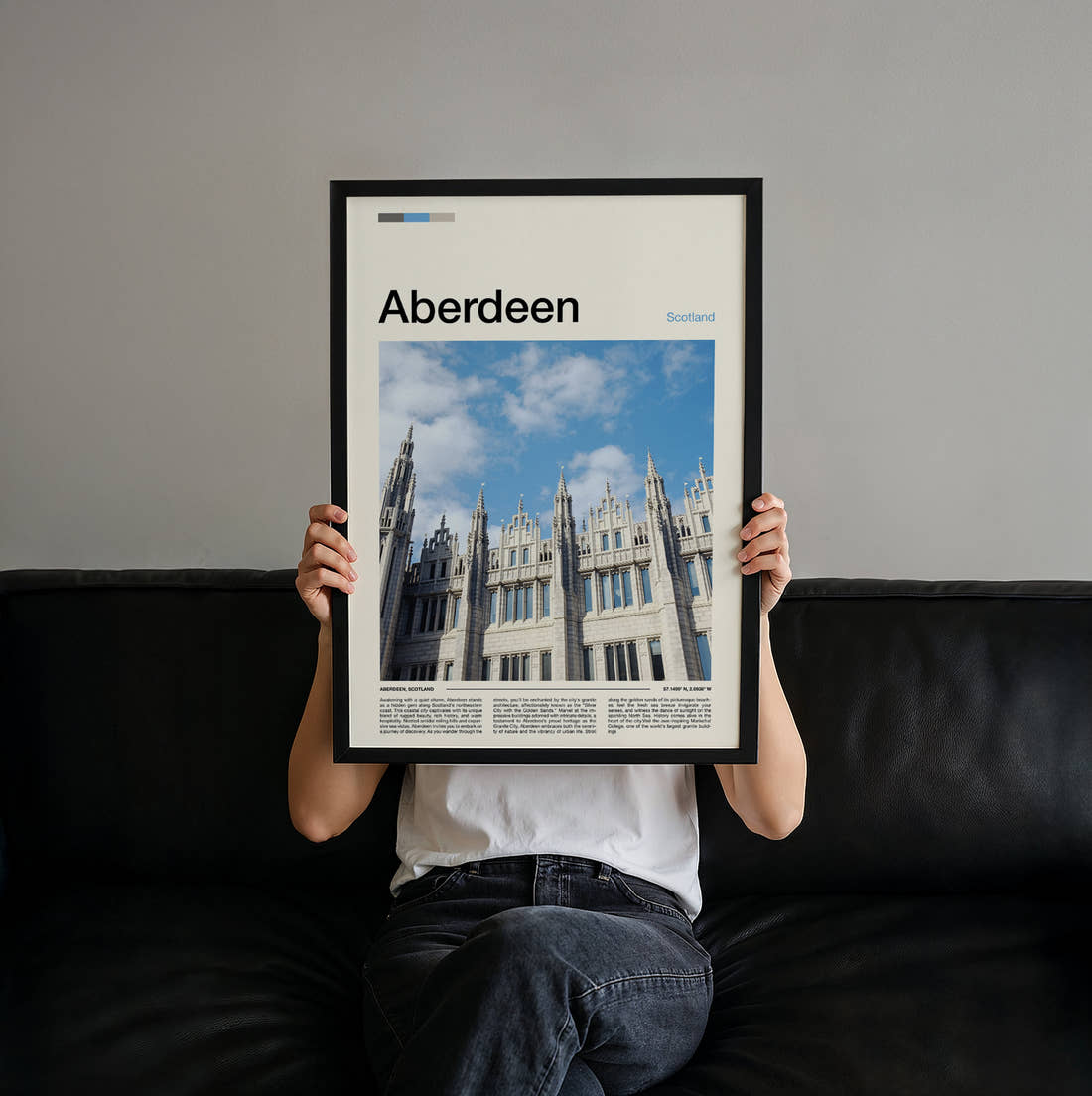 Aberdeen Marischal College Travel Print held up by hand to show the size of the print