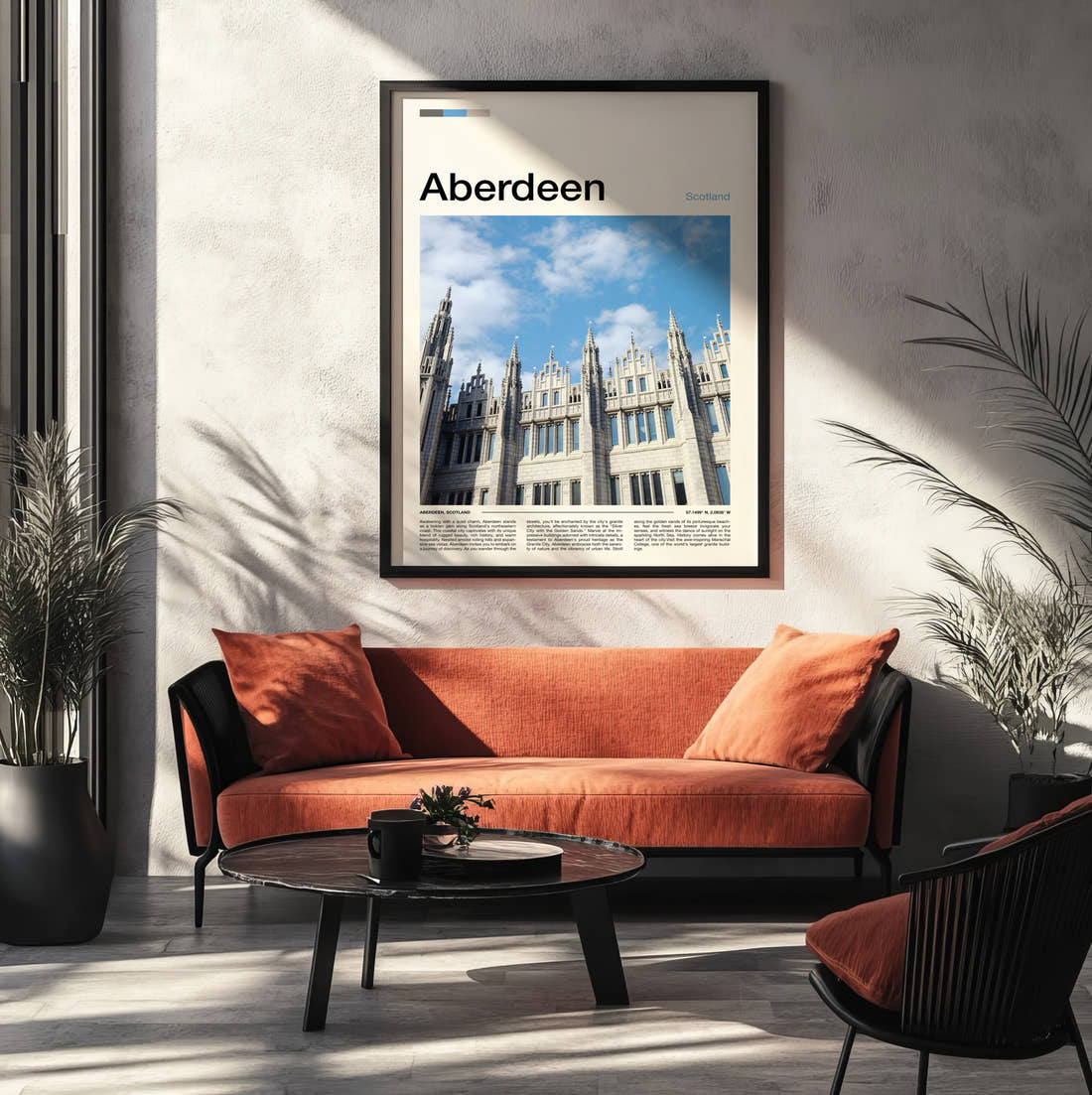 Aberdeen Marischal College Travel Print framed on the wall of a modern living room