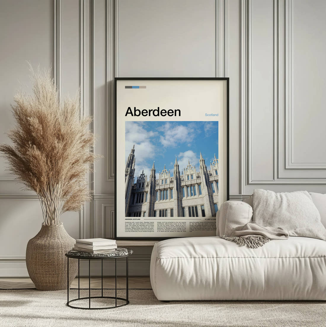 Aberdeen Marischal College Travel Print framed on the wall of a calm, neutral bedroom