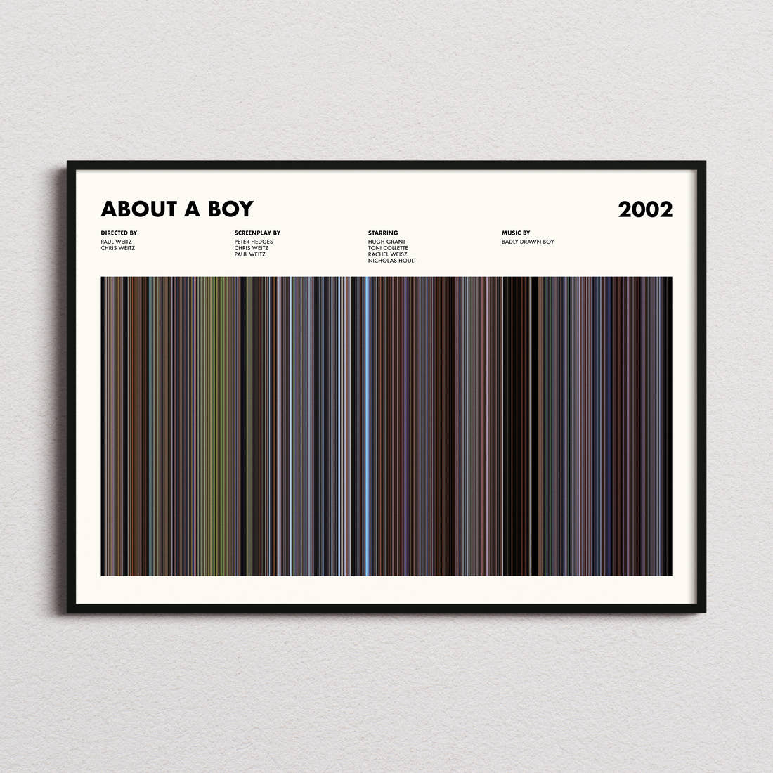 About a Boy Movie Barcode Poster framed and photographed straight on