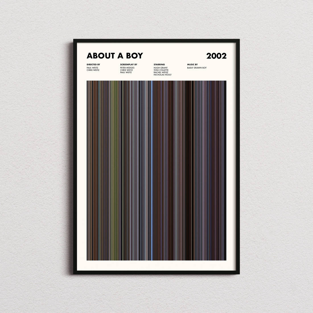 About a Boy Movie Barcode Poster framed on a plain studio wall
